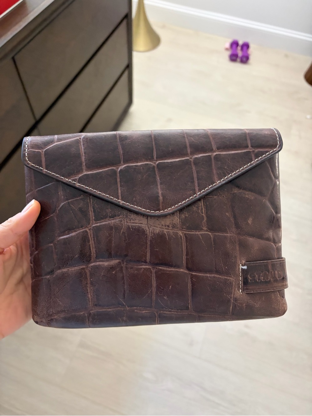 STAUD Brown Croc-Embossed Leather Envelope Clutch